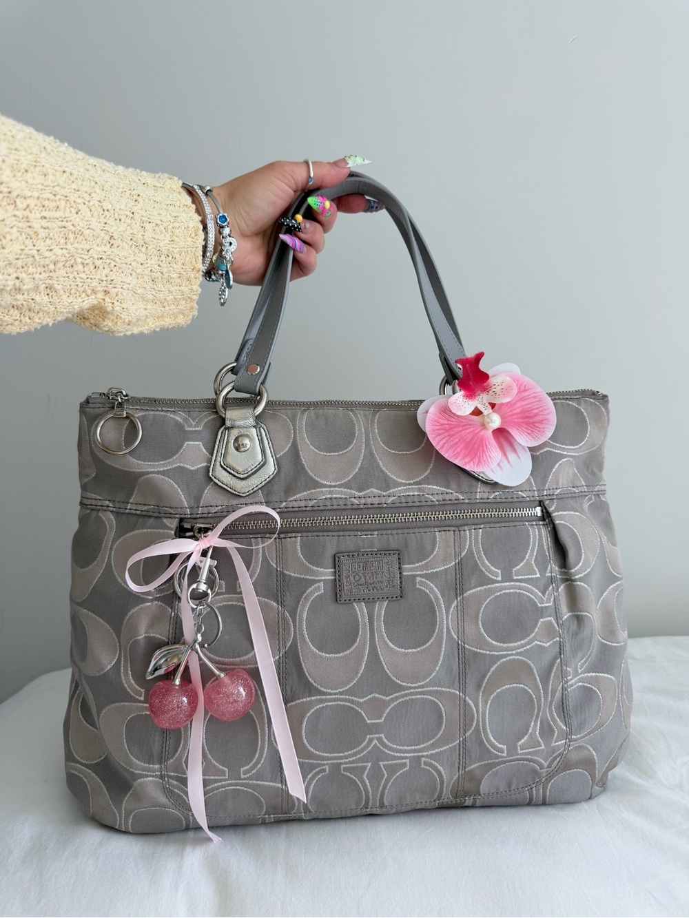 vintage Coach Poppy Grey and Silver Lurex Optic Canvas Tote Bag